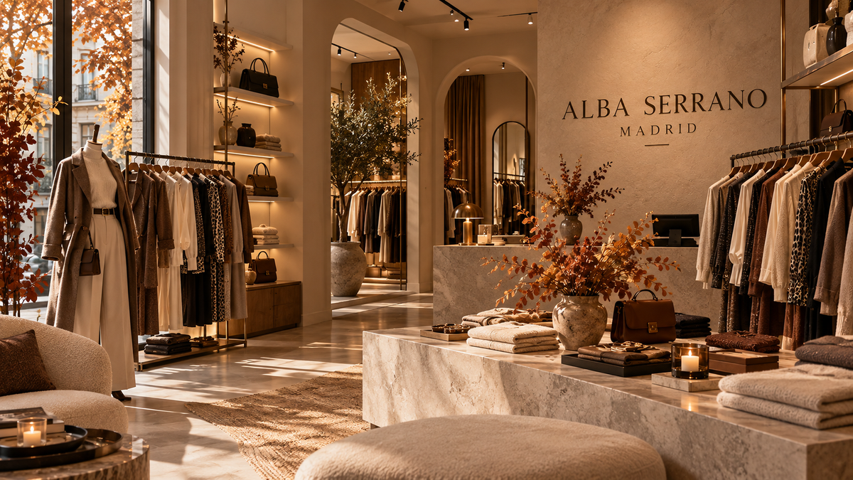 Interior de la tienda Alba Serrano Madrid con prendas de otoño